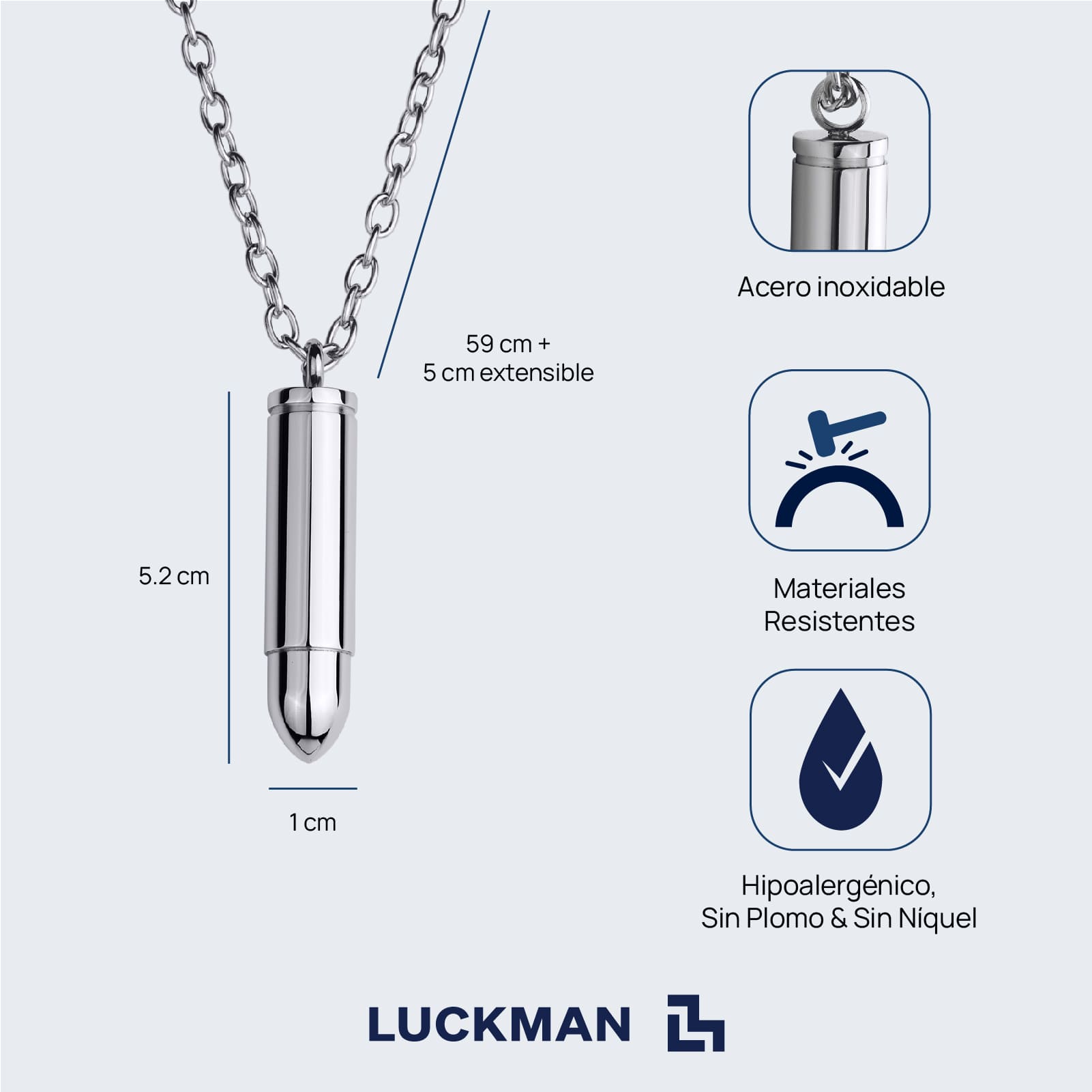 LUCKMAN Collar Hombre , Cadena con Dije de Bala, Acero Inoxidable Color Plata - Modelo Bullet