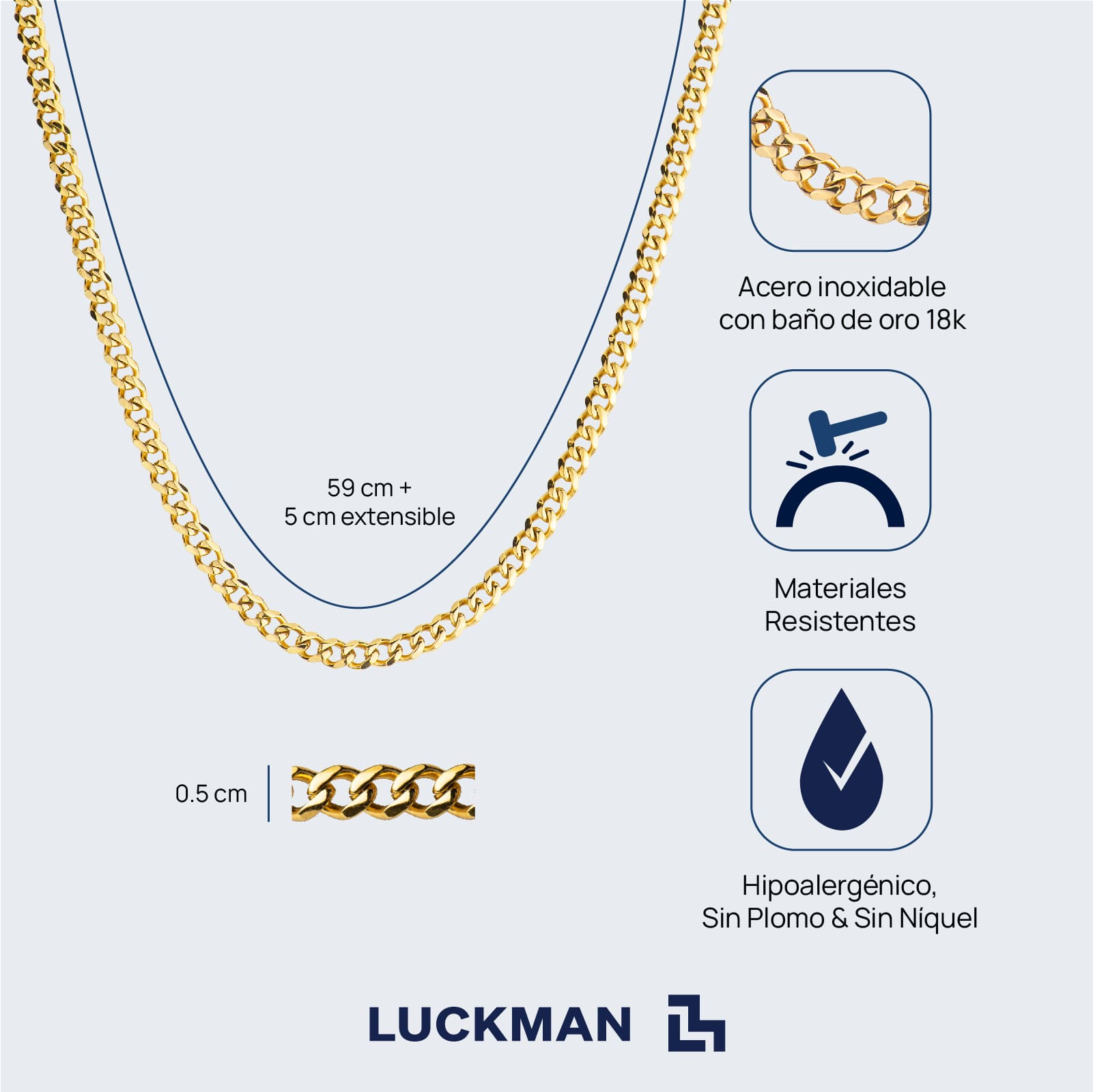 LUCKMAN Cadena para Hombre Cubana , Collar de Acero Inoxidable con Baño de Oro 18k - Modelo Caleb