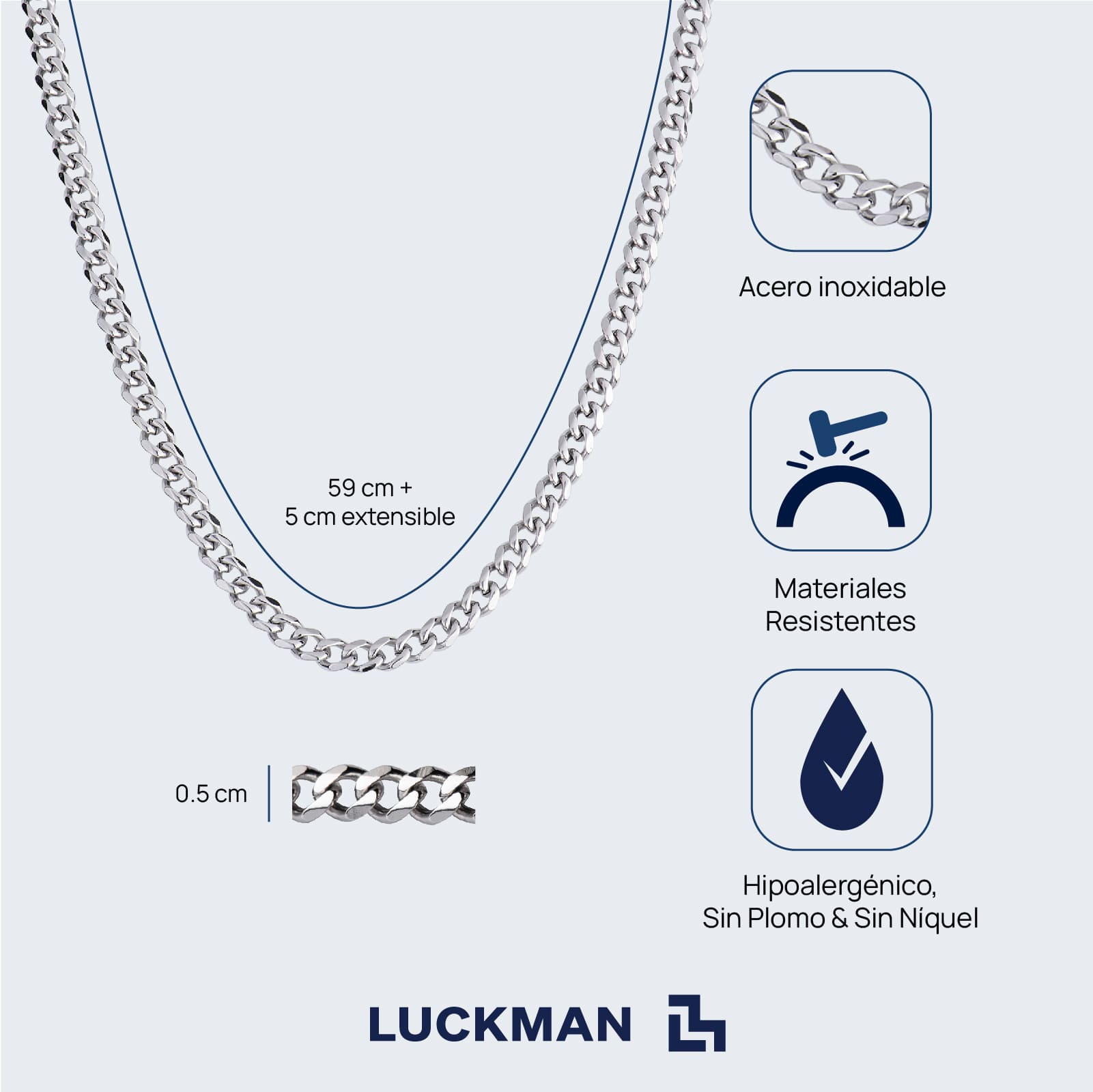 LUCKMAN Cadena para Hombre Cubana , Collar de Acero Inoxidable Color Plata - Modelo Caleb