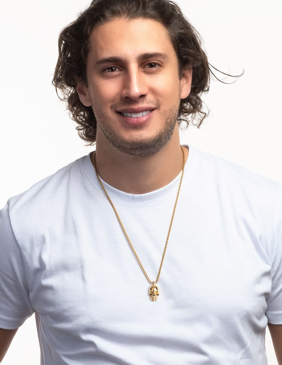 LUCKMAN Collar Hombre , Cadena con Dije de Calavera, Acero Inoxidable con Baño de Oro 18k - Modelo Troy