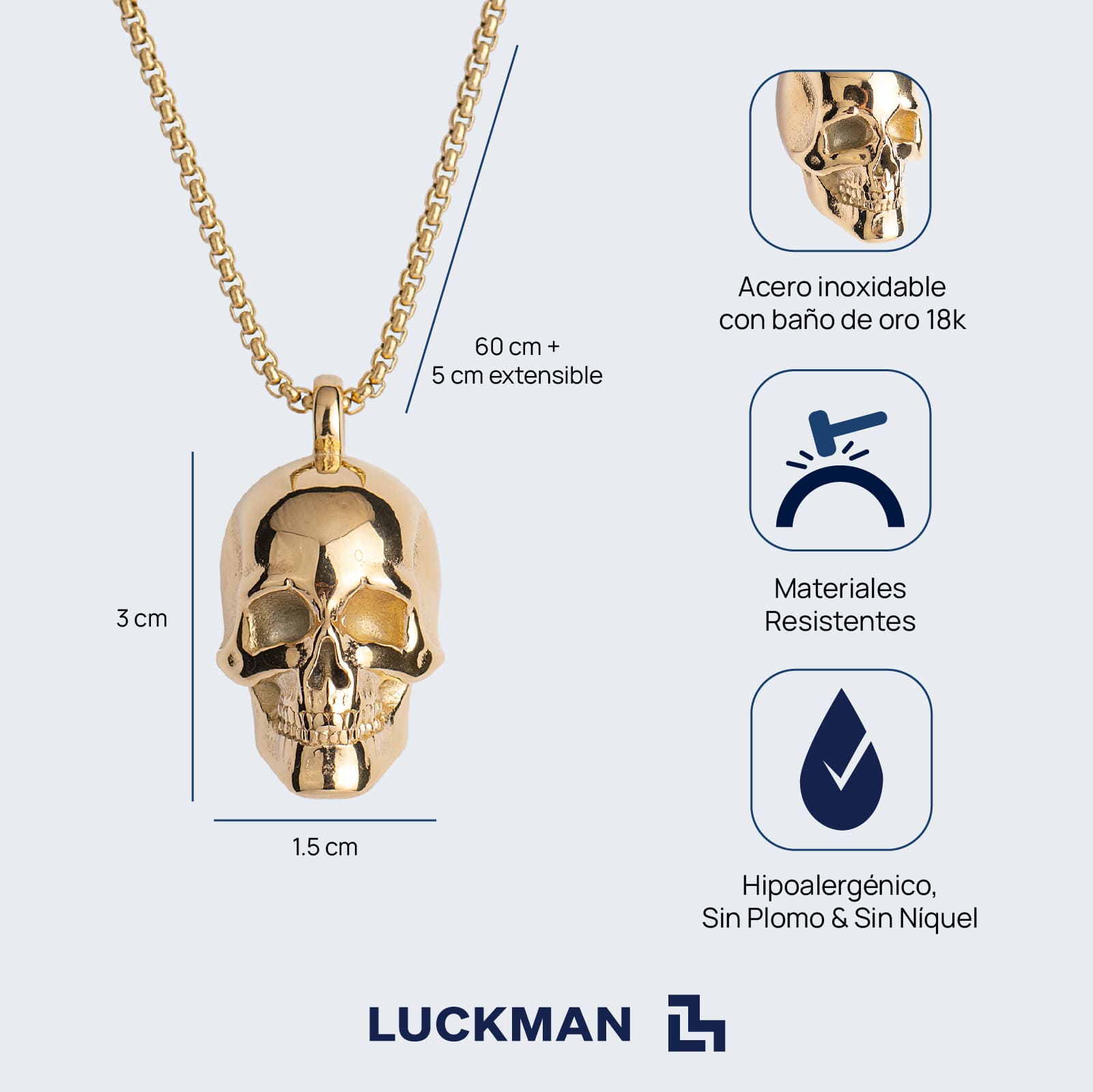 LUCKMAN Collar Hombre , Cadena con Dije de Calavera, Acero Inoxidable con Baño de Oro 18k - Modelo Troy