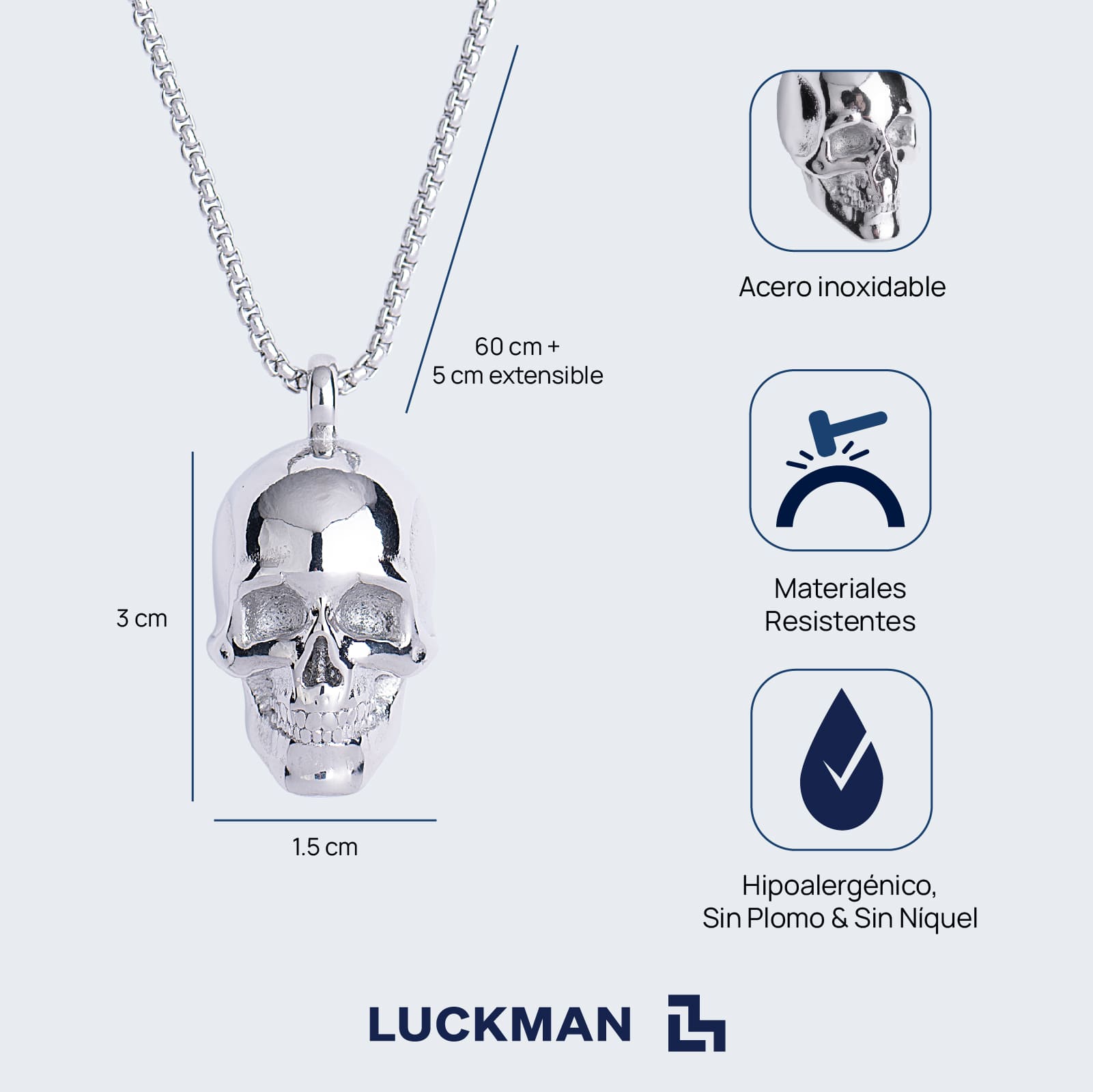 LUCKMAN Collar Hombre , Cadena con Dije de Calavera, Acero Inoxidable Color Plata - Modelo Troy