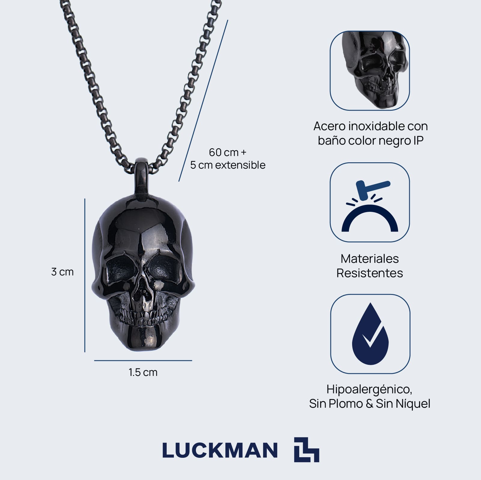 LUCKMAN Collar Hombre , Cadena con Dije de Calavera, Acero Inoxidable Color Negro - Modelo Troy