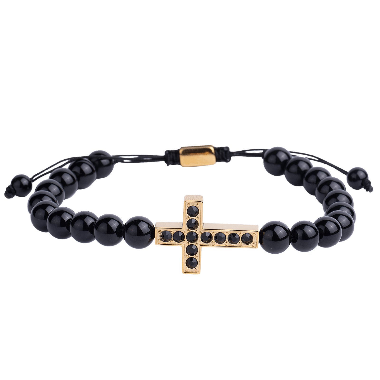 LUCKMAN Pulsera Hombre de Cruz con Piedra Protectora Jade Negra , Zirconia Cúbica y Acero Inoxidable Baño de Oro 18k, estilo Brazalete - Modelo Pier