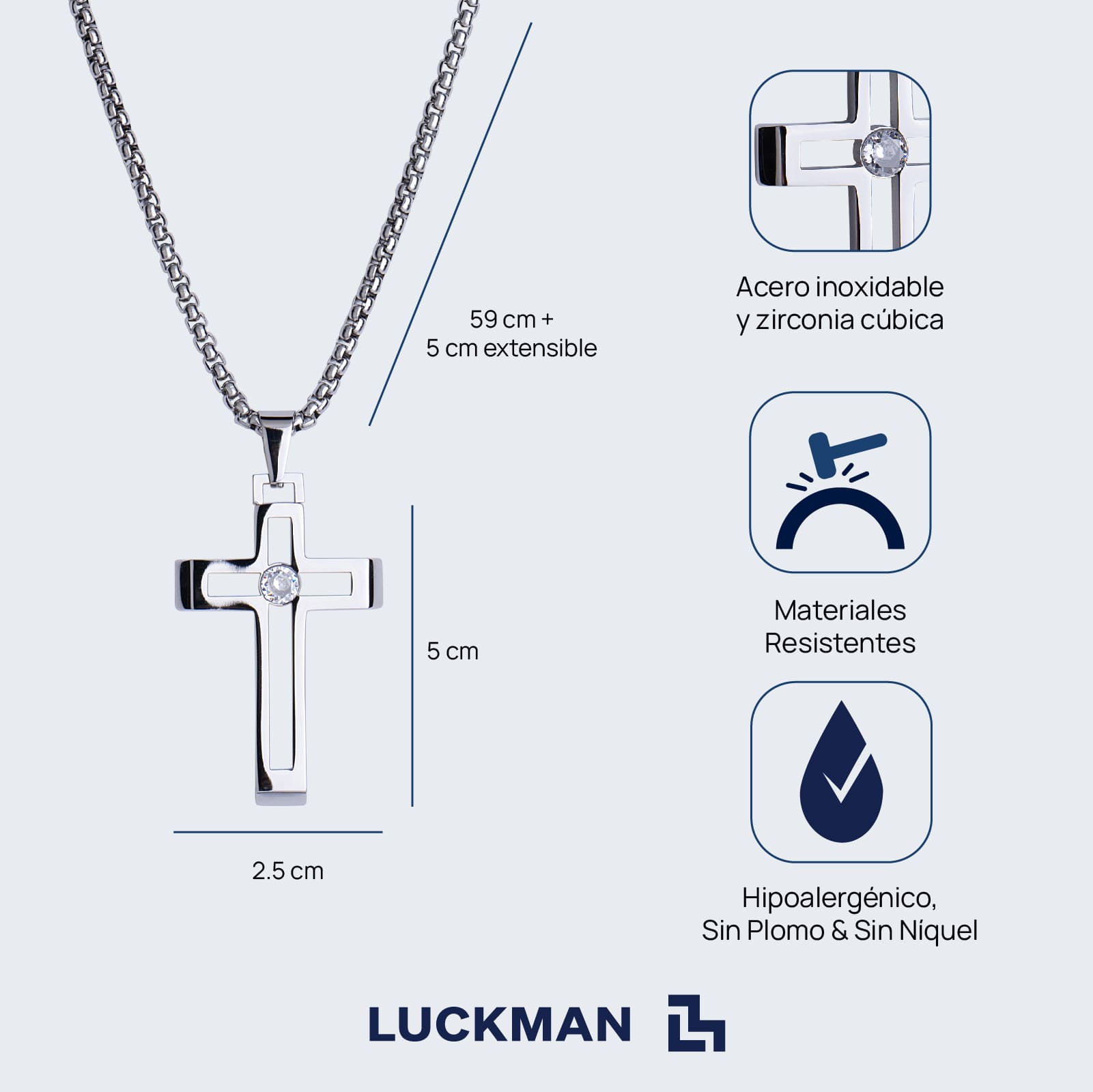 LUCKMAN Collar Hombre de Cruz , Cadena con Dije, Acero Inoxidable con Baño de Oro 18k y Zirconia Cúbica - Modelo Pier