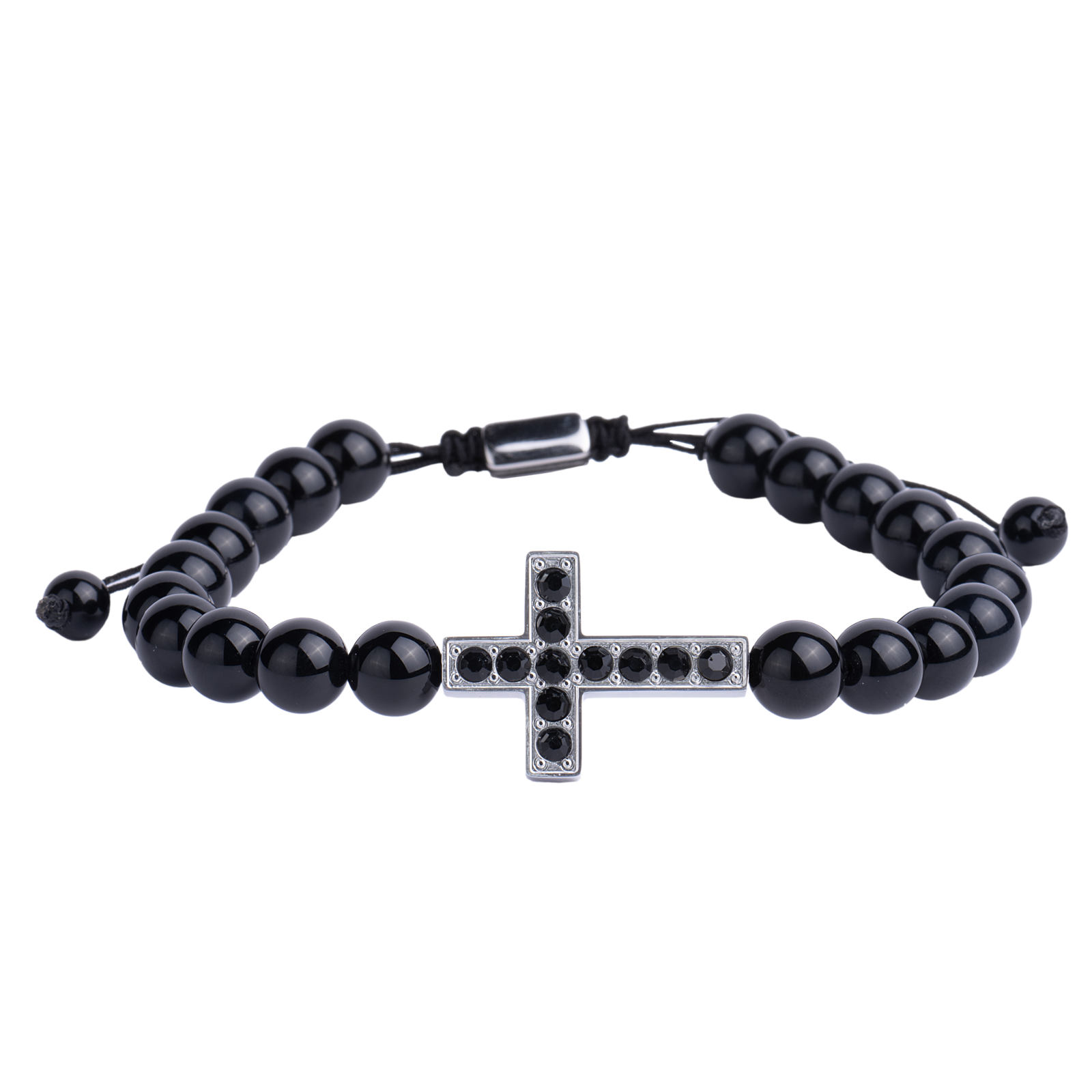 LUCKMAN Pulsera Hombre de Cruz con Piedra Protectora Jade Negra , Zirconia Cúbica y Acero Inoxidable Color Plata, estilo Brazalete - Modelo Pier