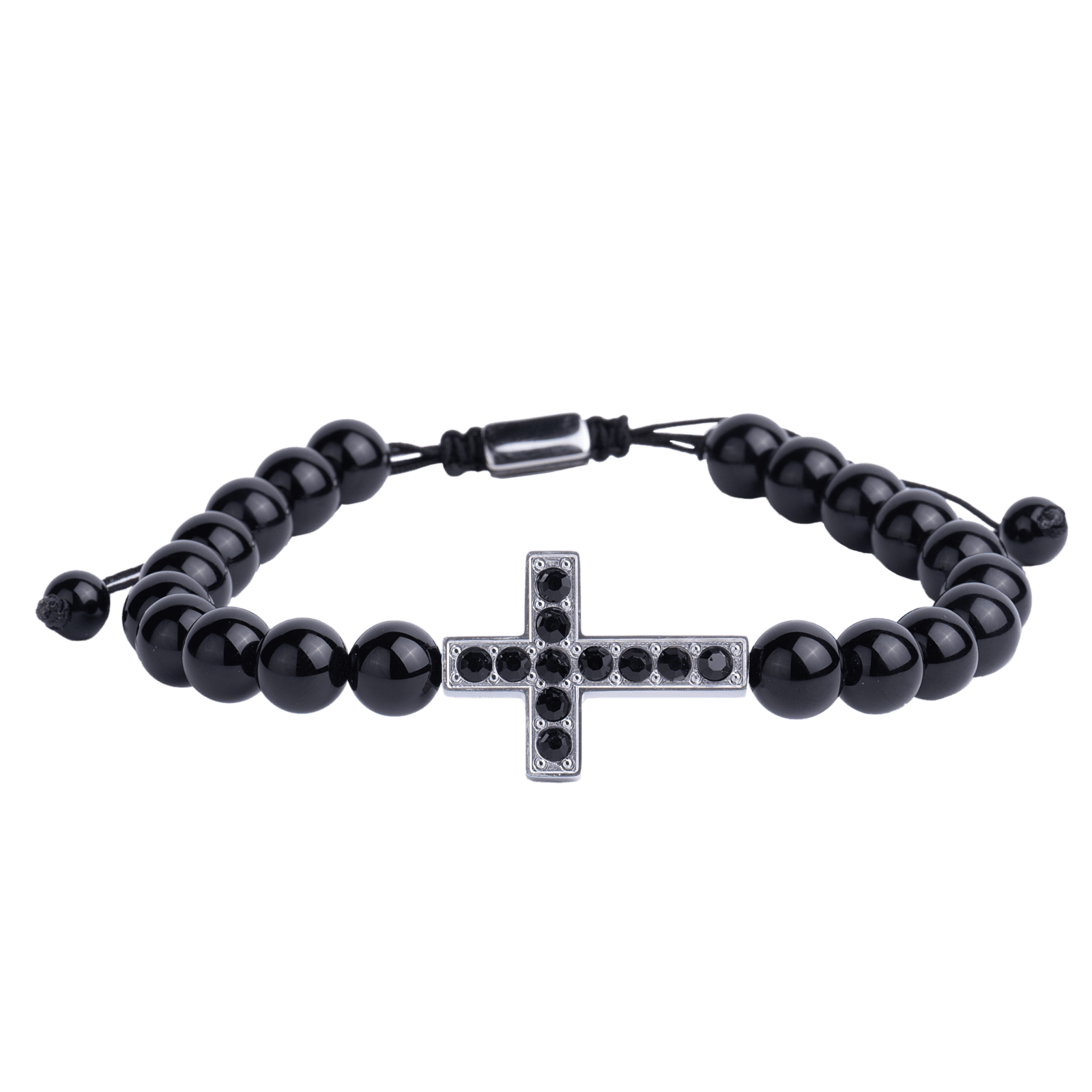 LUCKMAN Pulsera Hombre de Cruz con Piedra Protectora Jade Negra , Zirconia Cúbica y Acero Inoxidable Color Plata, estilo Brazalete - Modelo Pier