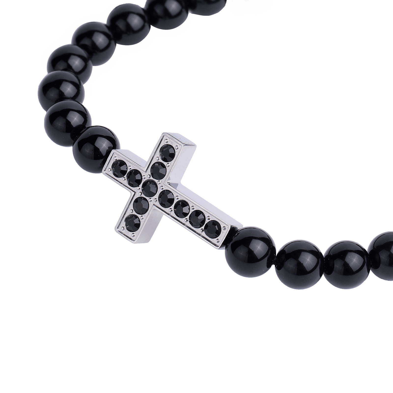 LUCKMAN Pulsera Hombre de Cruz con Piedra Protectora Jade Negra , Zirconia Cúbica y Acero Inoxidable Color Plata, estilo Brazalete - Modelo Pier