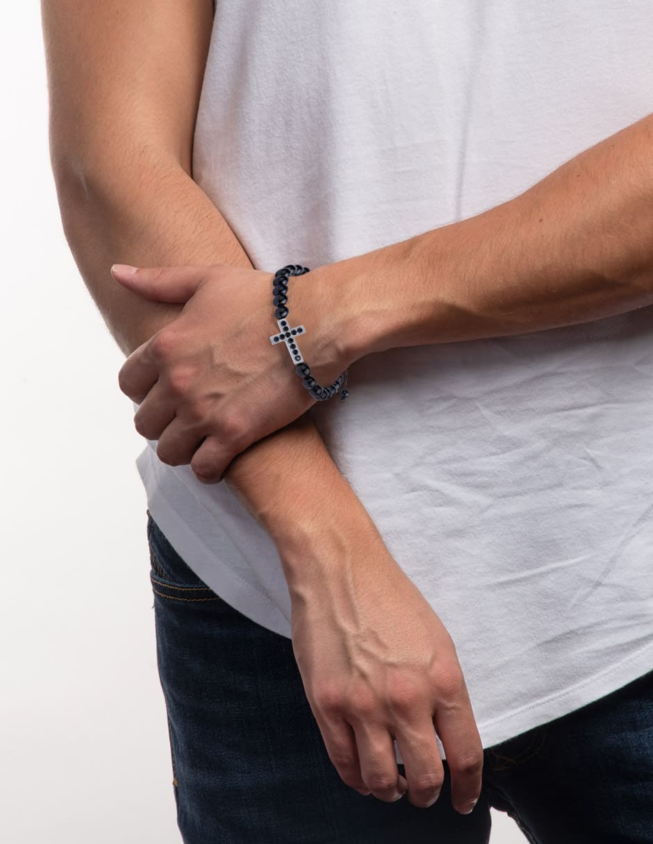 LUCKMAN Pulsera Hombre de Cruz con Piedra Protectora Jade Negra , Zirconia Cúbica y Acero Inoxidable Color Plata, estilo Brazalete - Modelo Pier