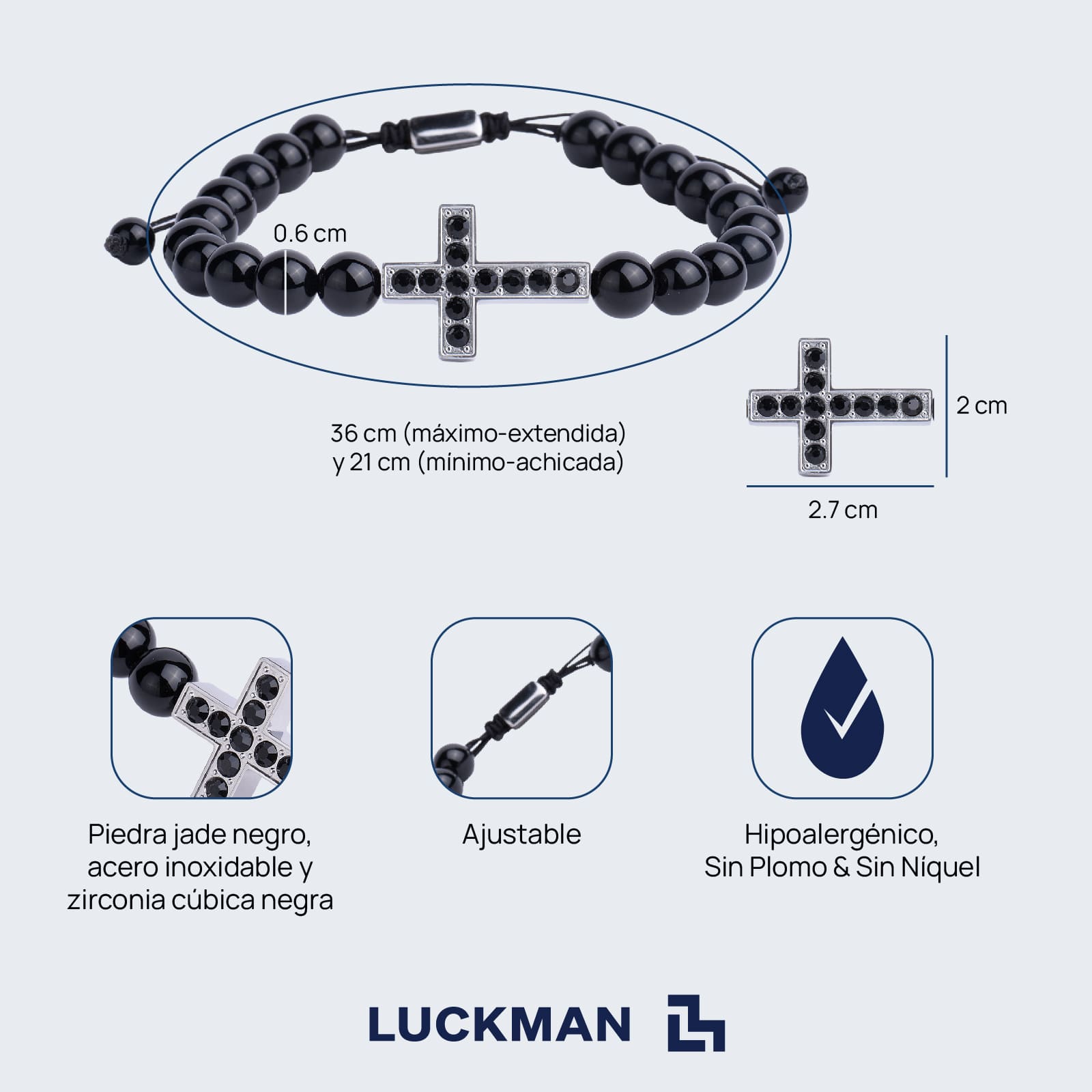 LUCKMAN Pulsera Hombre de Cruz con Piedra Protectora Jade Negra , Zirconia Cúbica y Acero Inoxidable Color Plata, estilo Brazalete - Modelo Pier