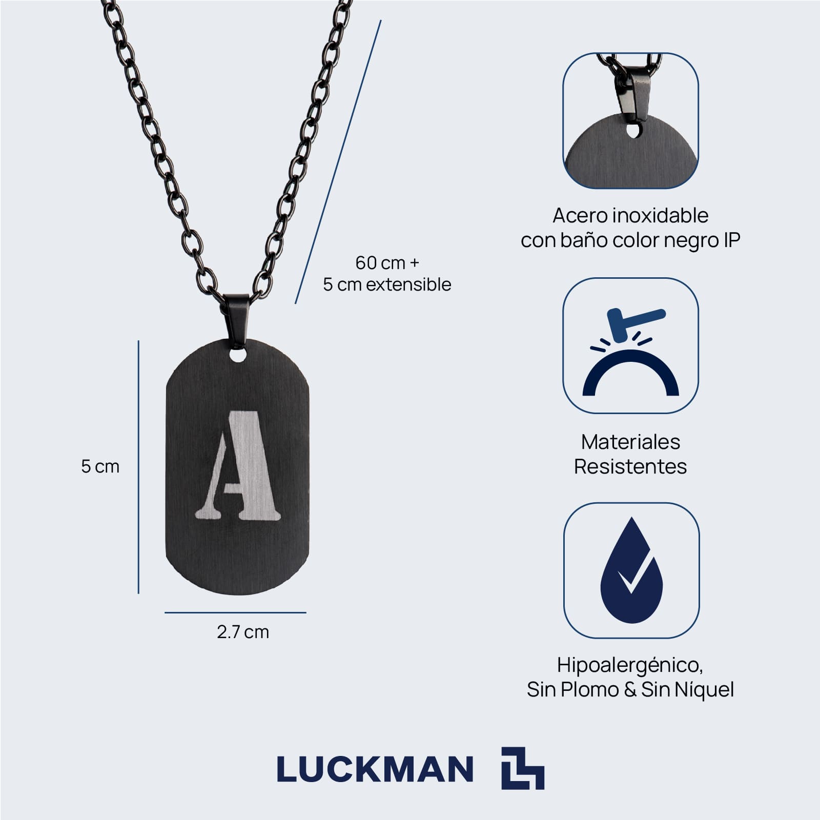 LUCKMAN Collar Hombre de Inicial Letra K , Cadena con Dije, Acero Inoxidable Color Negro y Plata - Modelo Dylan