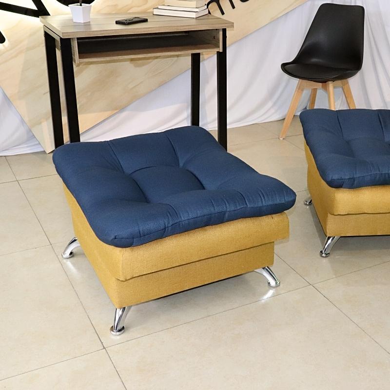 Taburete  Moderno Puff Lino Mostaza con Azul Escabel