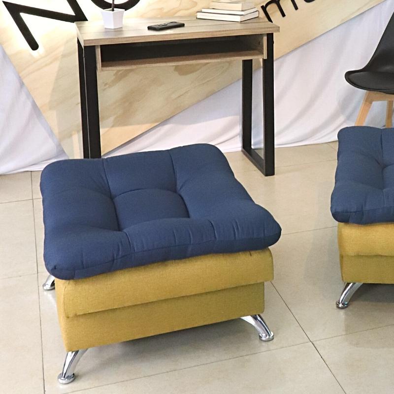 Taburete  Moderno Puff Lino Mostaza con Azul Escabel