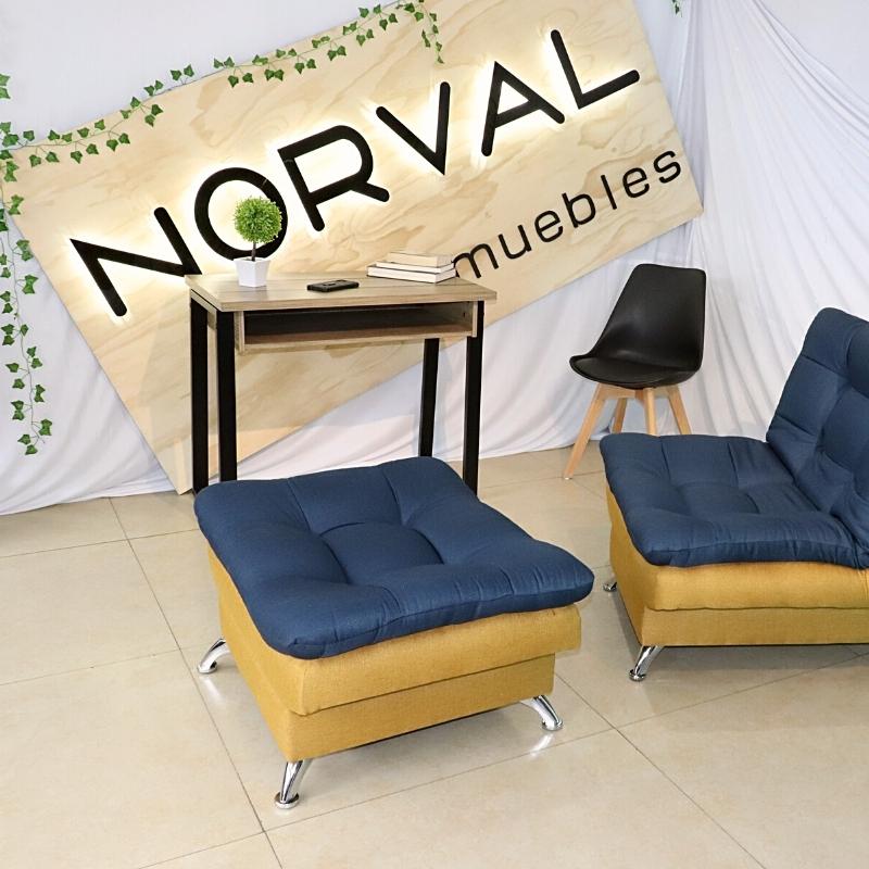 Taburete  Moderno Puff Lino Mostaza con Azul Escabel