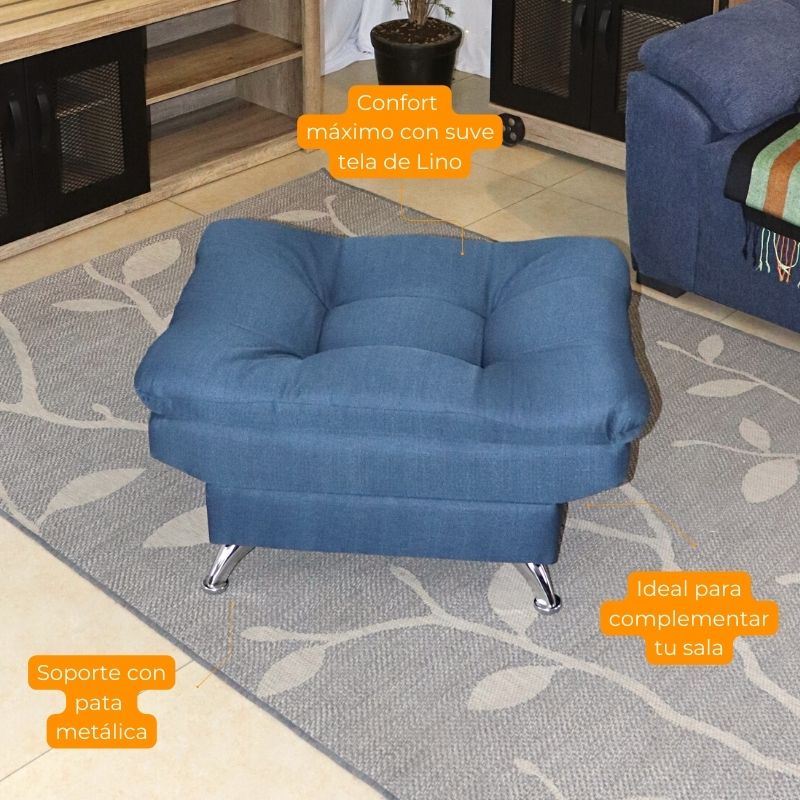 Taburete  Moderno Puff Lino Mostaza con Azul Escabel