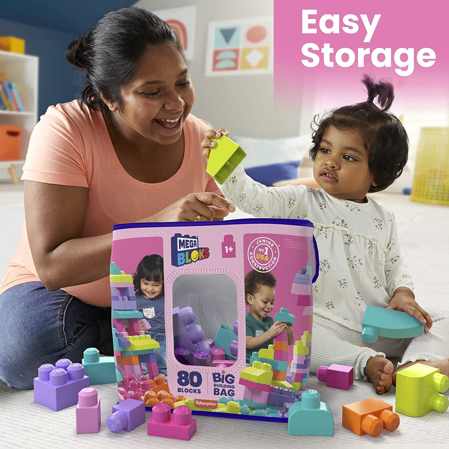 Mega Blocks 80 Piezas Grandes, Rosa.