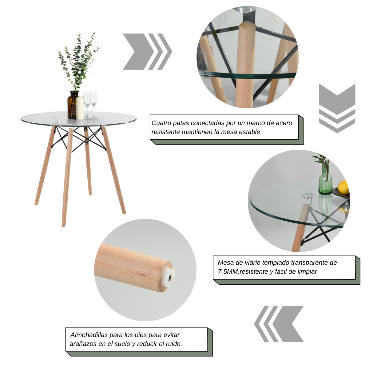 FurnitureR Mesa de Redonda Comedor Mesa Circular de Cristal 80cm 2-4 Personas