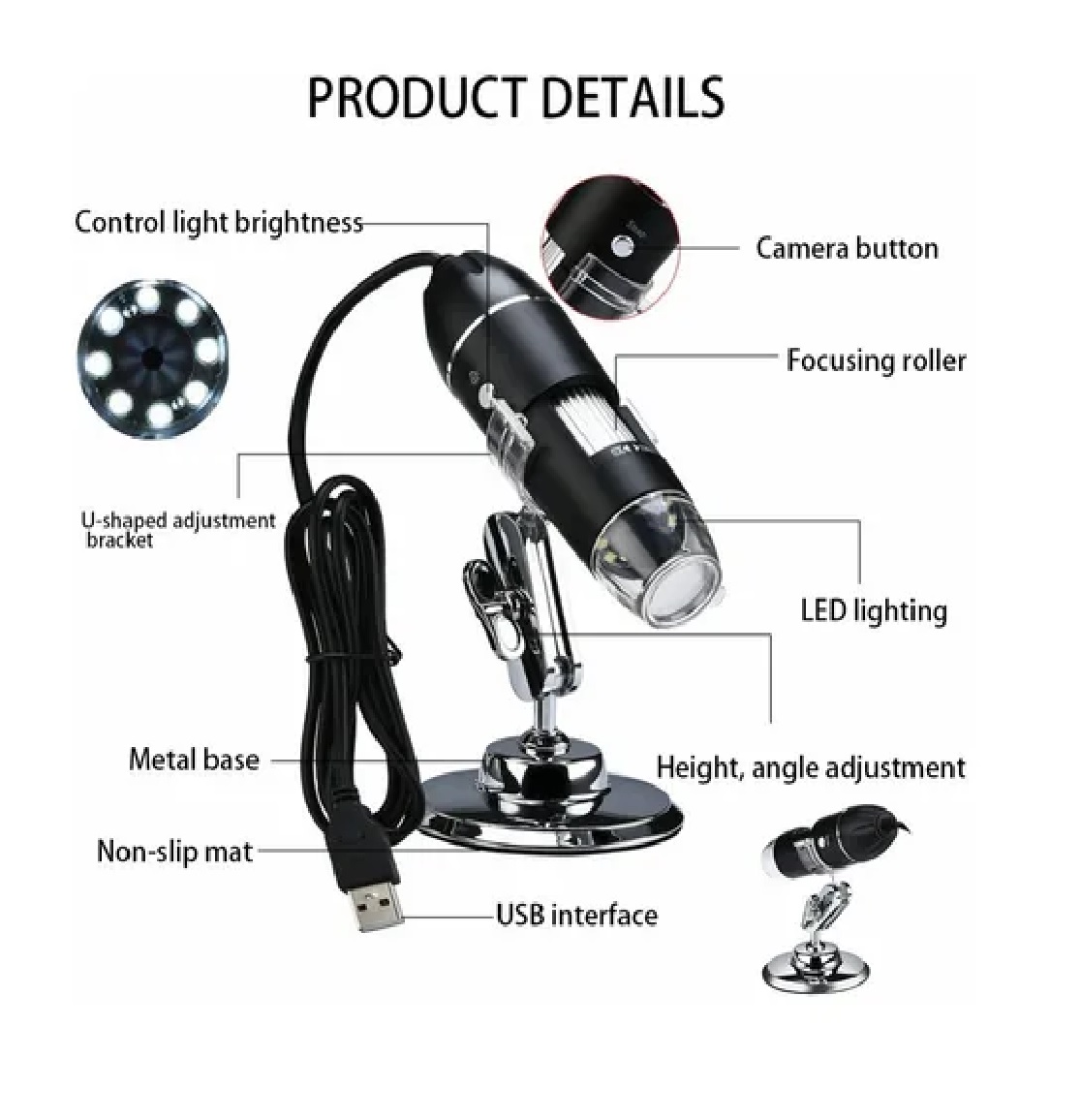 Microscopio  Usb Digital 1600x 8led Con Soporte Zoom