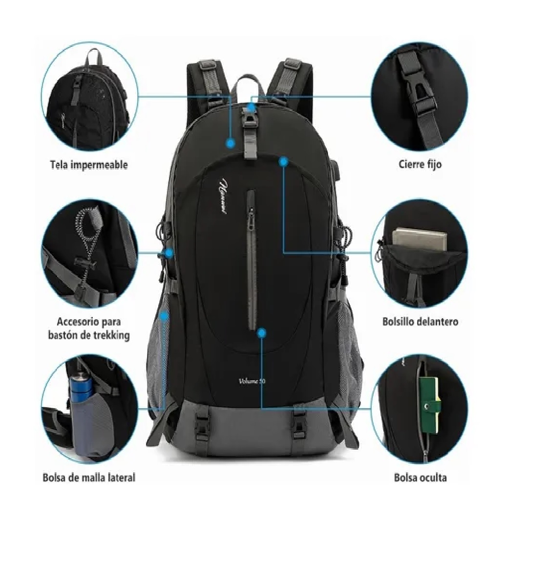 Mochila Impermeable 50l Para Senderismo Montañismo Negro
