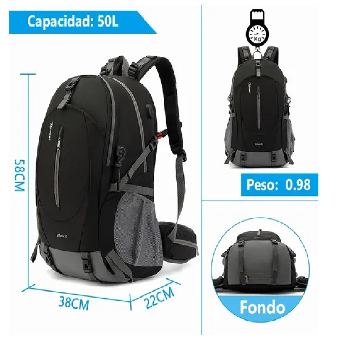 Mochila Impermeable 50l Para Senderismo Montañismo Negro