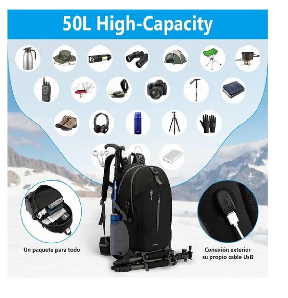 Mochila Impermeable 50l Para Senderismo Montañismo Negro