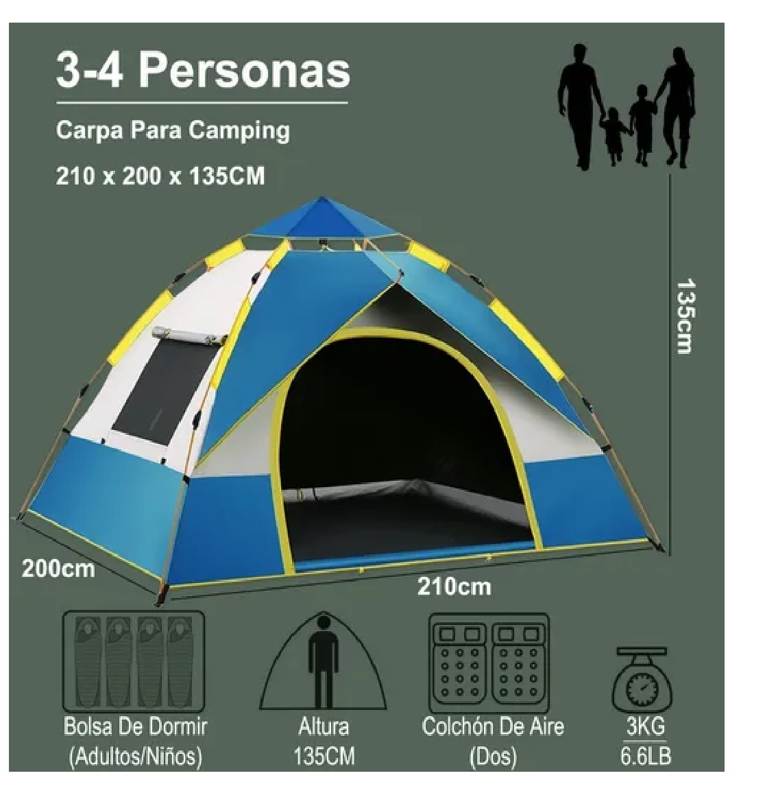 Casa De Campaña Grande Camping 4 personas Azul y Blanco