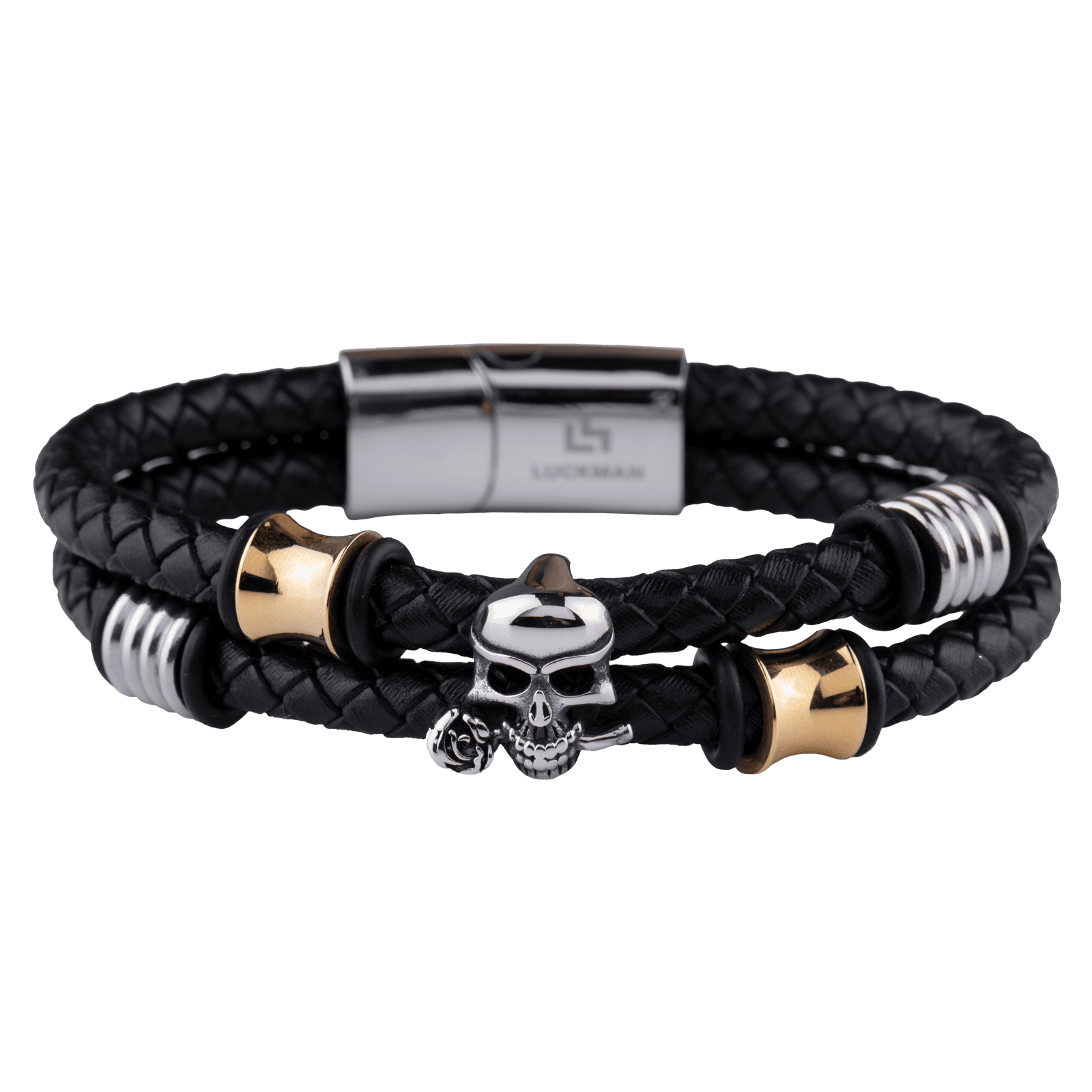 LUCKMAN Pulsera Hombre de Calavera , Acero Inoxidable con Baño de Oro 18k y Color Plata, Brazalete de Cuero Piel Vegana y Broche Magnético - Modelo Mason