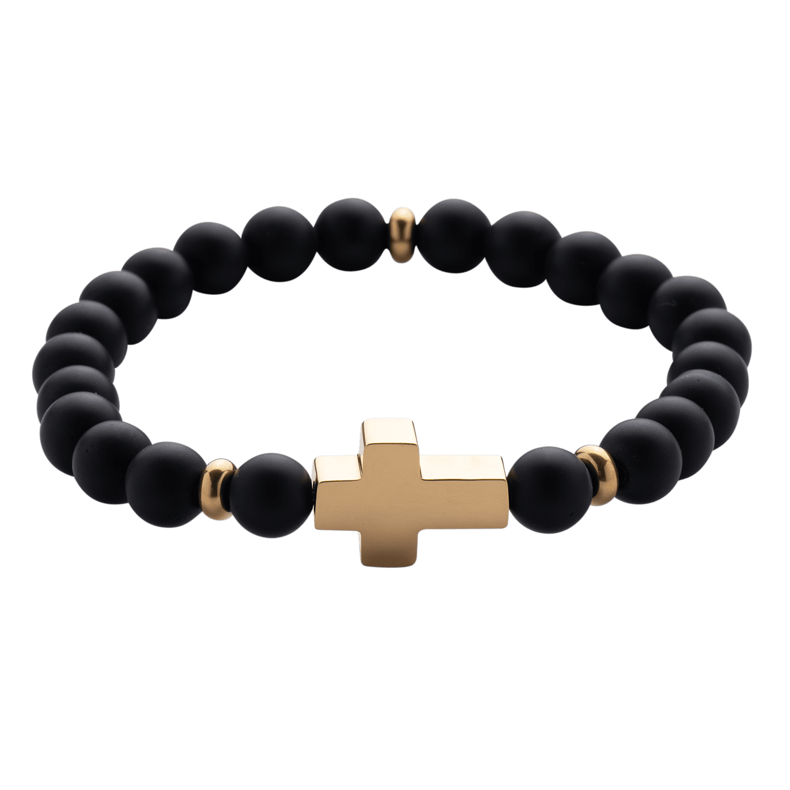 LUCKMAN Pulsera Hombre de Cruz con Piedra Protectora Jade Negro y Acero Inoxidable con Baño de Oro 18k , estilo Brazalete - Modelo Ezra