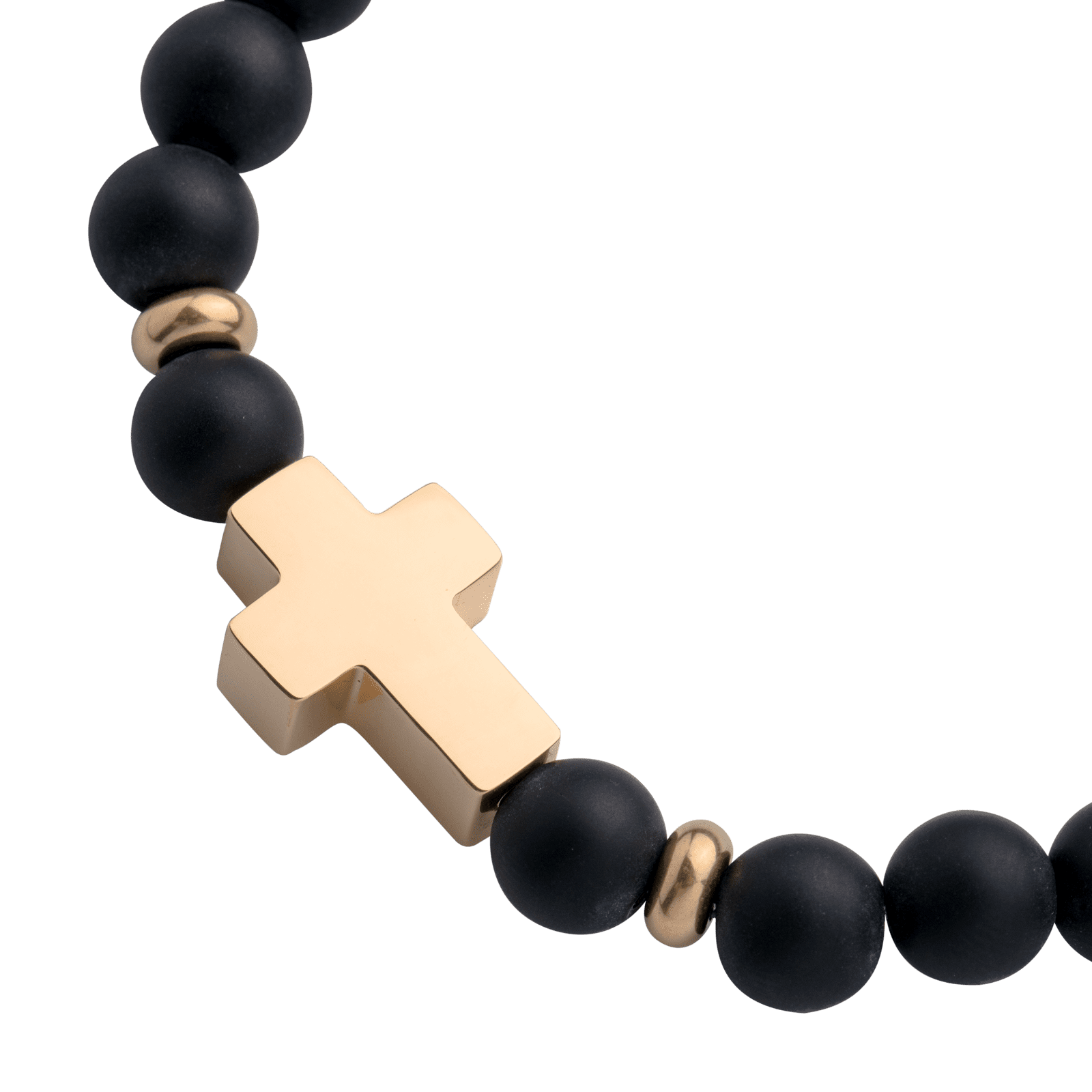 LUCKMAN Pulsera Hombre de Cruz con Piedra Protectora Jade Negro y Acero Inoxidable con Baño de Oro 18k , estilo Brazalete - Modelo Ezra