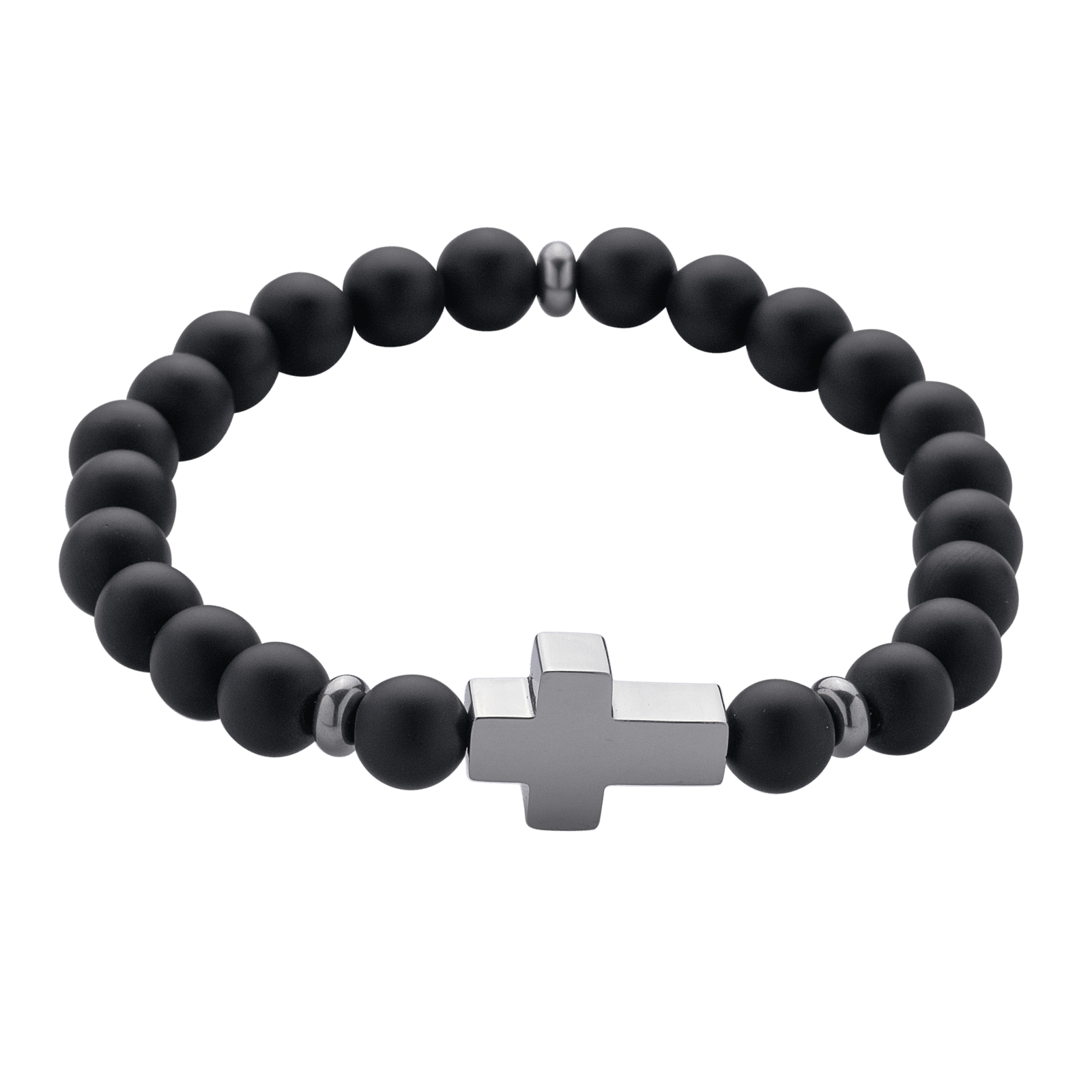 LUCKMAN Pulsera Hombre de Cruz con Piedra Protectora Jade Negro y Acero Inoxidable Color Plata  , estilo Brazalete - Modelo Ezra
