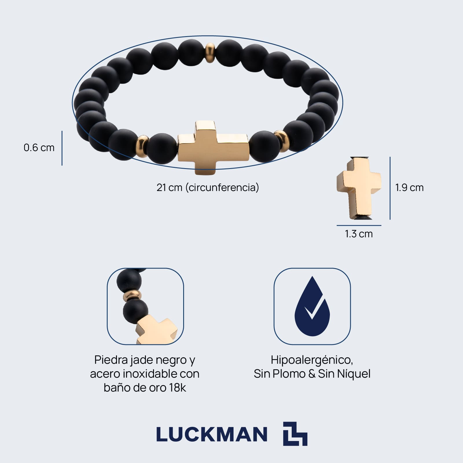 LUCKMAN Pulsera Hombre de Cruz con Piedra Protectora Jade Negro y Acero Inoxidable con Baño de Oro 18k , estilo Brazalete - Modelo Ezra