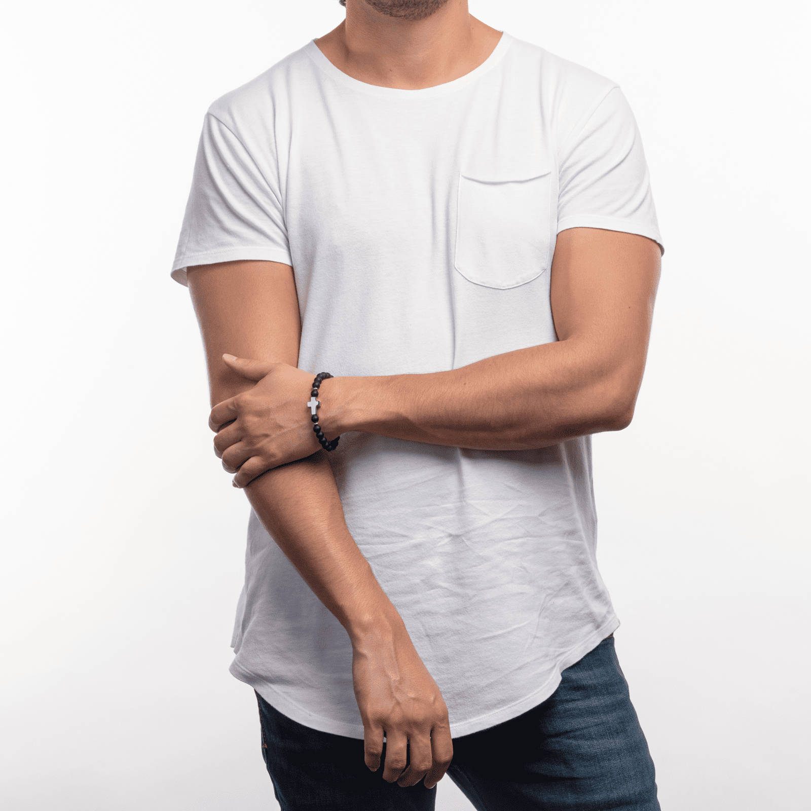 LUCKMAN Pulsera Hombre de Cruz con Piedra Protectora Jade Negro y Acero Inoxidable Color Plata  , estilo Brazalete - Modelo Ezra