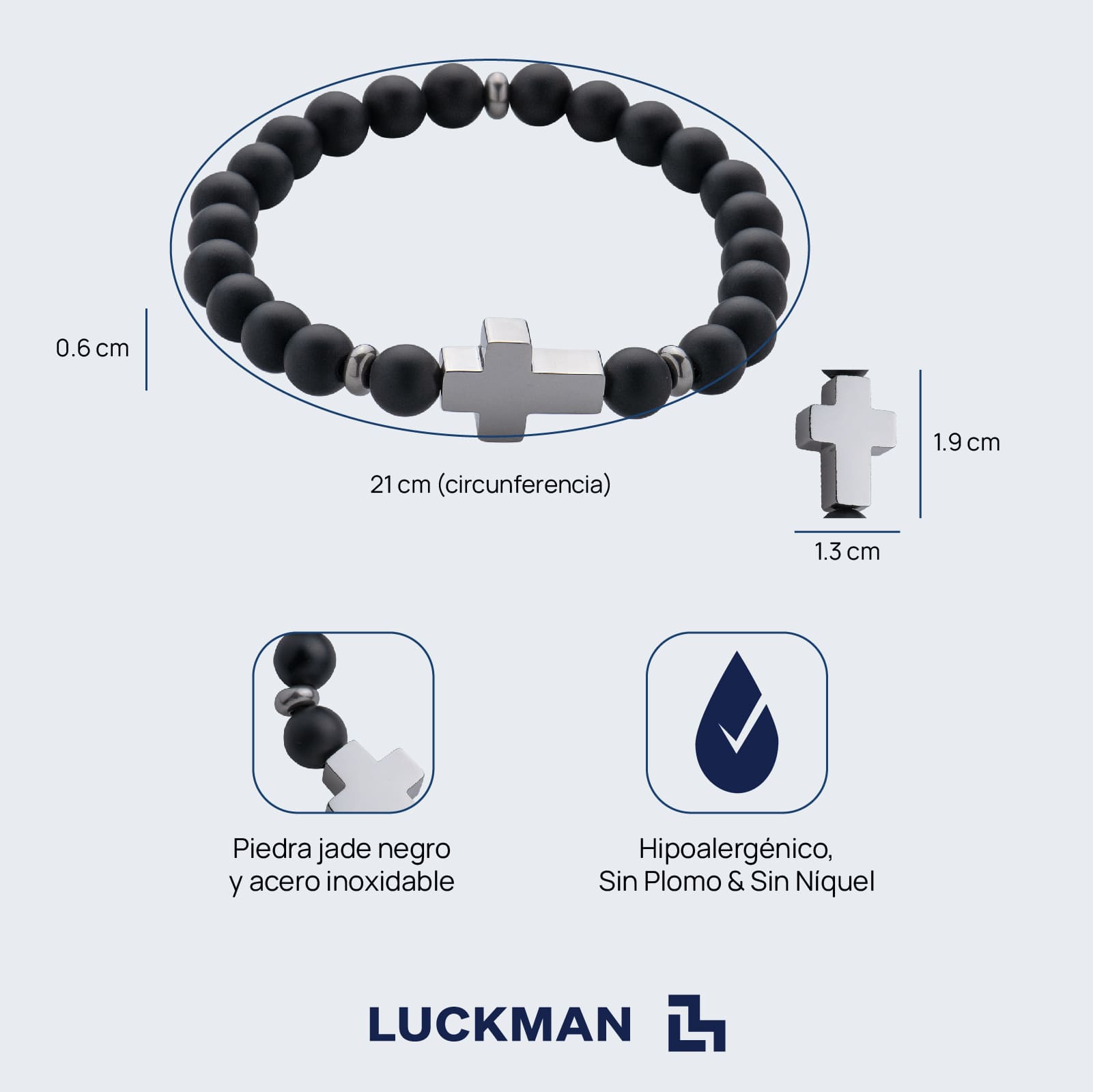 LUCKMAN Pulsera Hombre de Cruz con Piedra Protectora Jade Negro y Acero Inoxidable Color Plata  , estilo Brazalete - Modelo Ezra