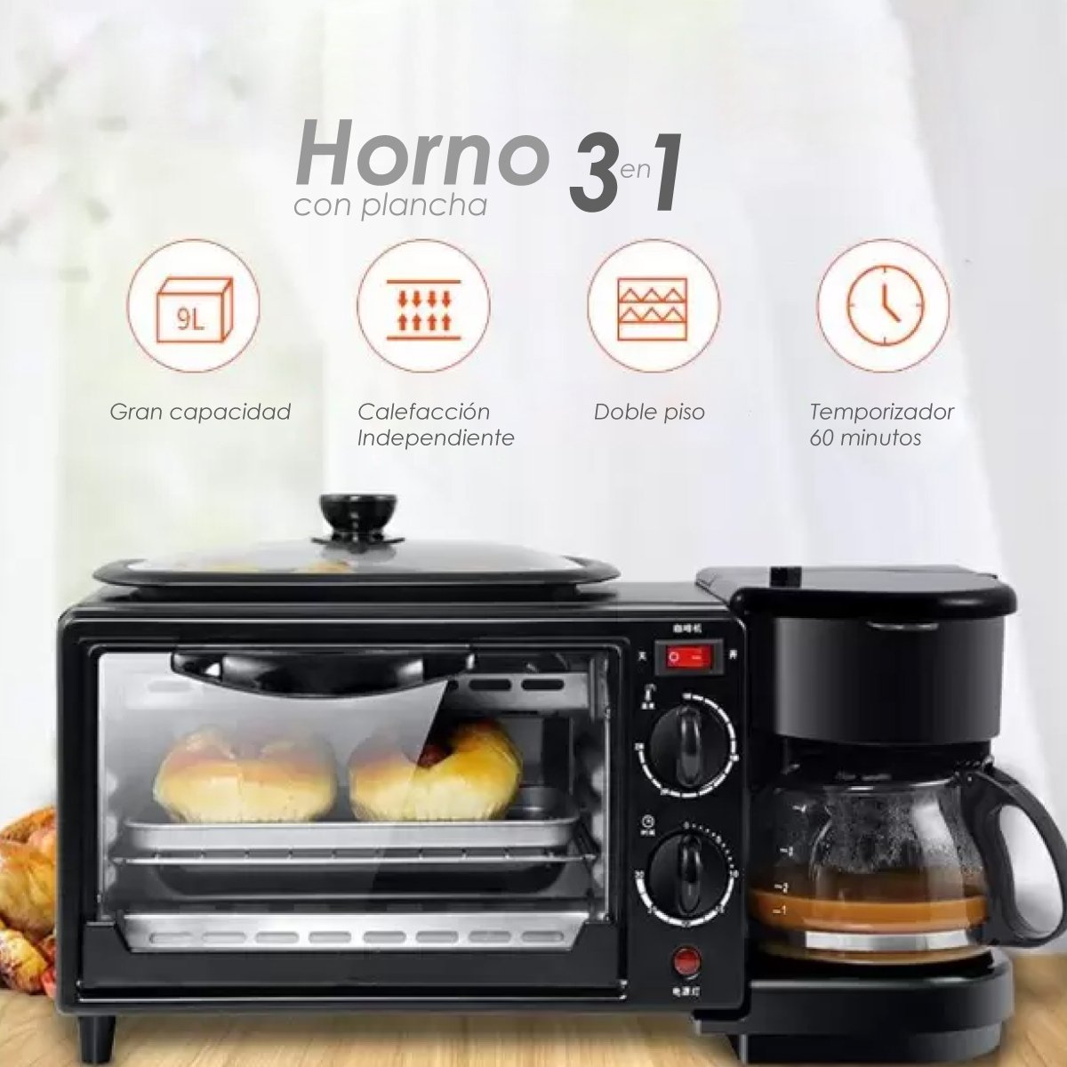 Horno 3 En 1 Maquina De Desayuno Sarten Cafetera Mini Horno