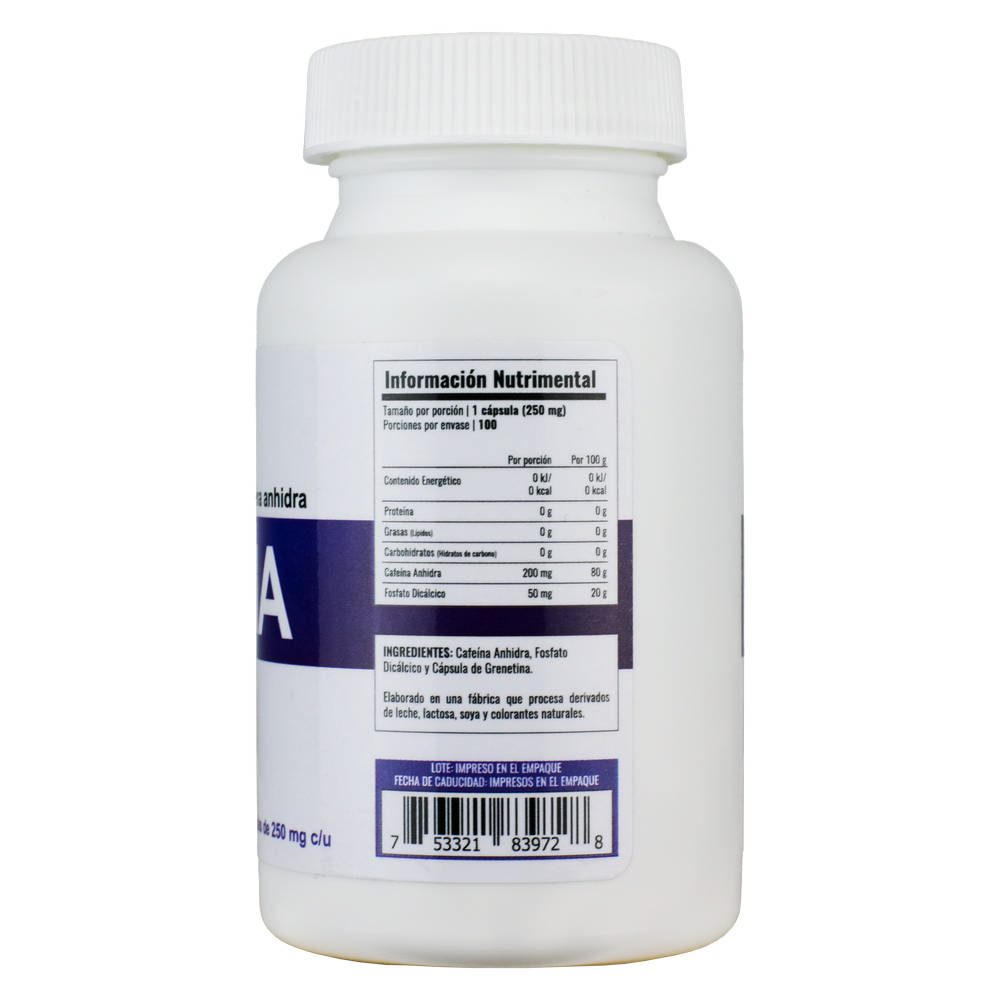 Cafeína Primetech 100 caps 200 mg c/u