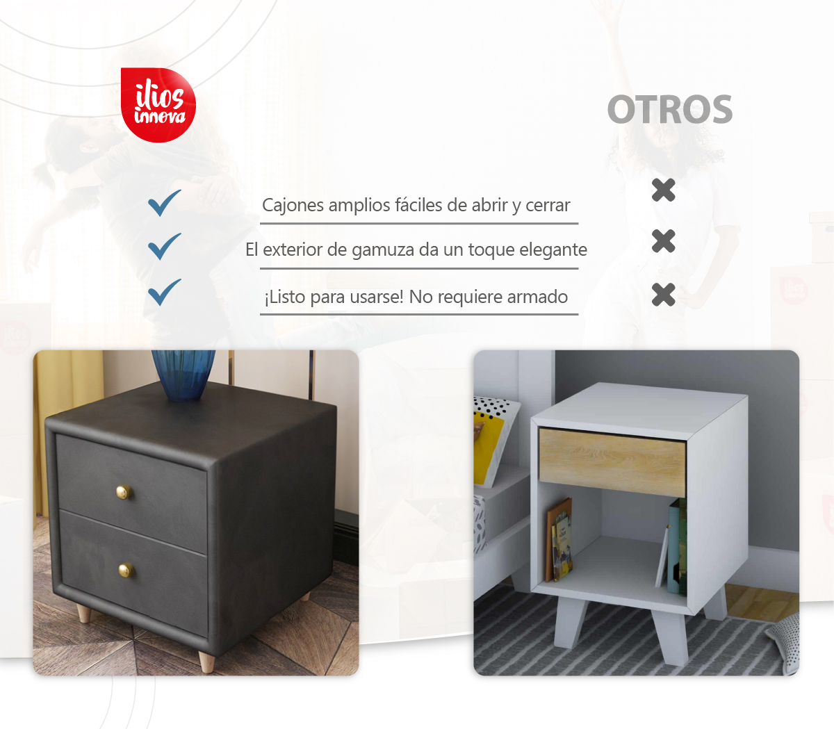 Buró Mesa De Noche Minimalista De Gamuza 2 Cajones