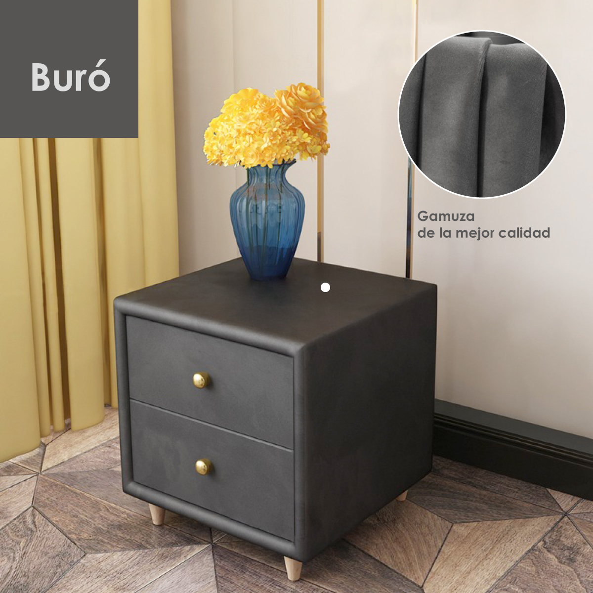 Buró Mesa De Noche Minimalista De Gamuza 2 Cajones