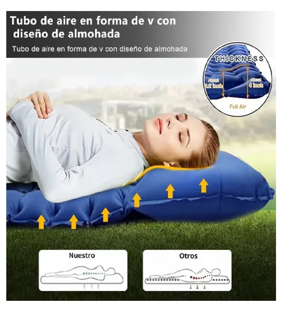 Colchon Inflable Para Camping Portátil Almohada Azul