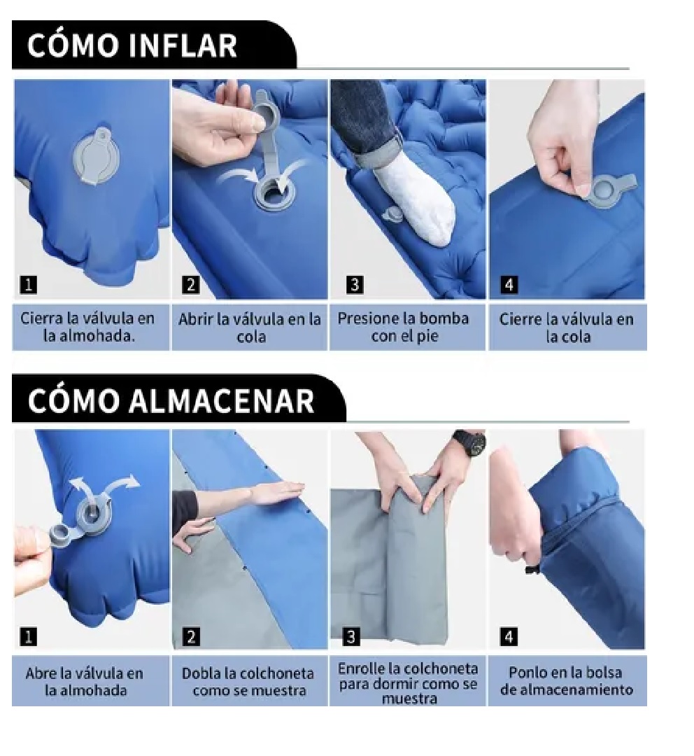 Colchon Inflable Para Camping Portátil Almohada Azul