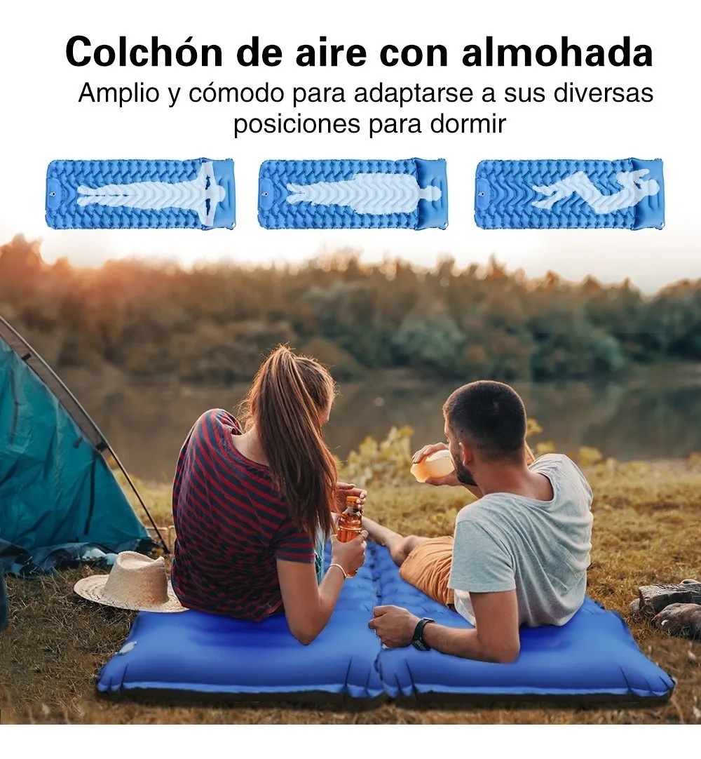 Colchon Inflable Para Camping Portátil Almohada Azul