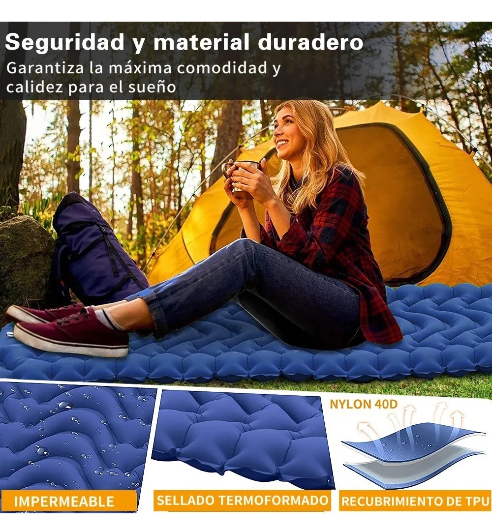 Colchon Inflable Para Camping Portátil Almohada Azul