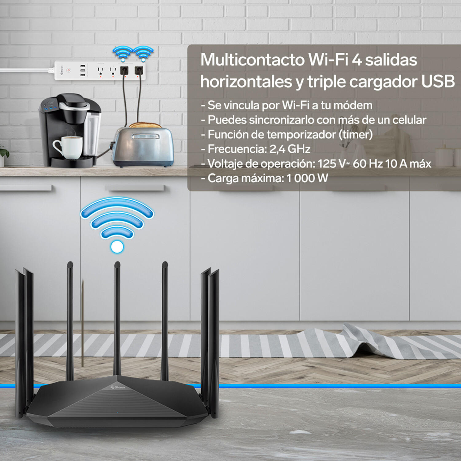 Multicontacto Wi-Fi* de 4 salidas horizontales y triple cargador USB SHOME-300 