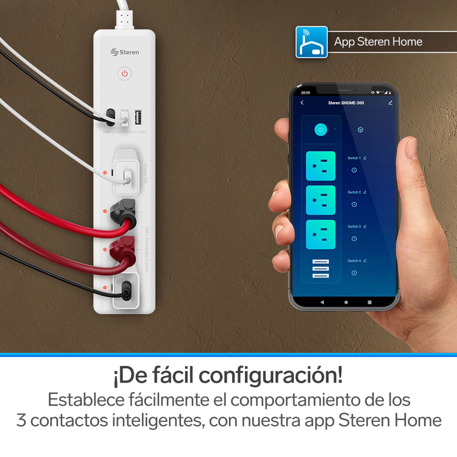 Multicontacto Wi-Fi* de 4 salidas horizontales y triple cargador USB SHOME-300 