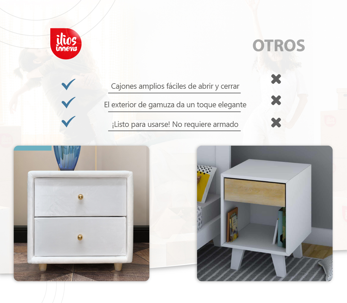 Buró Mesa De Noche Minimalista De Gamuza 2 Cajones Blanco