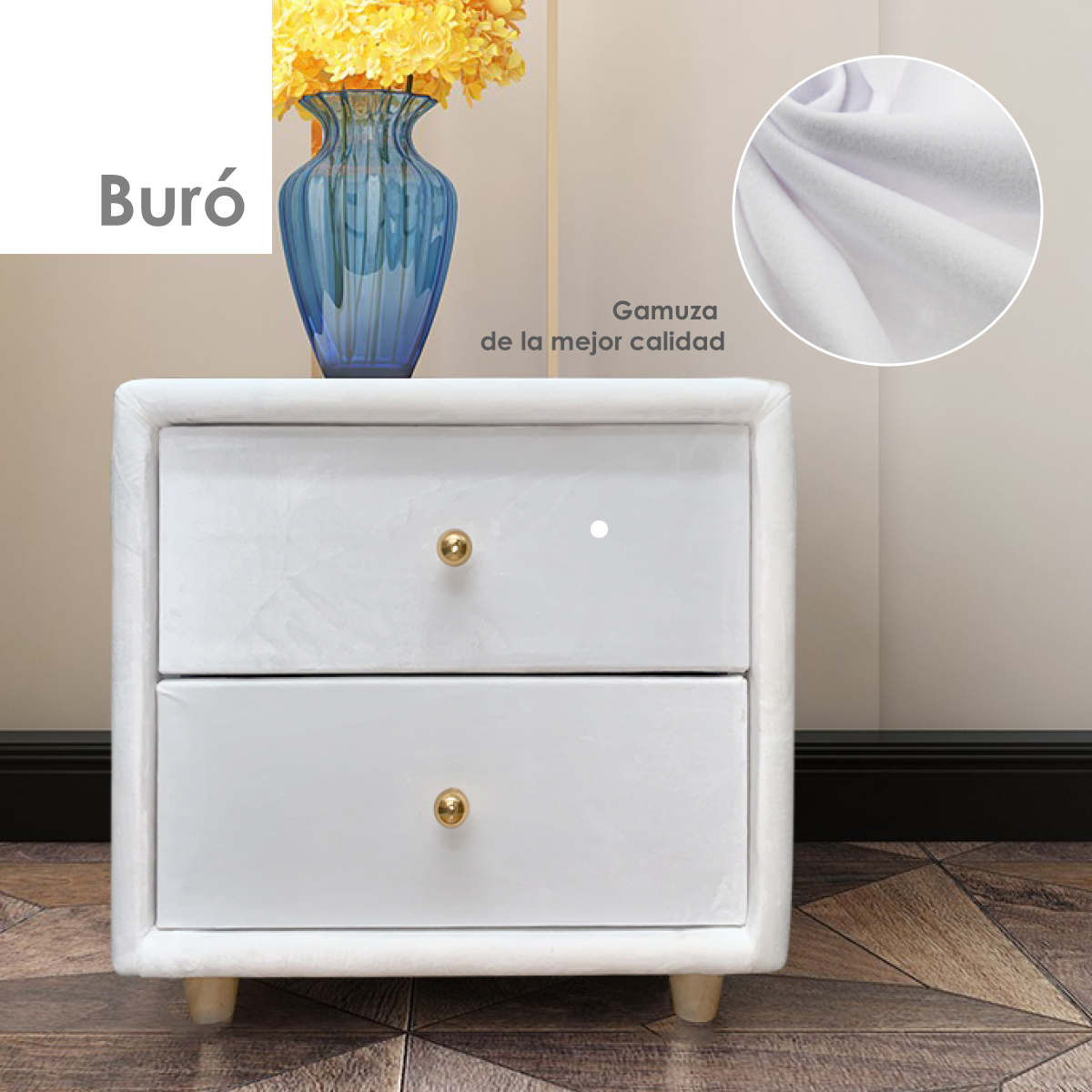 Buró Mesa De Noche Minimalista De Gamuza 2 Cajones Blanco