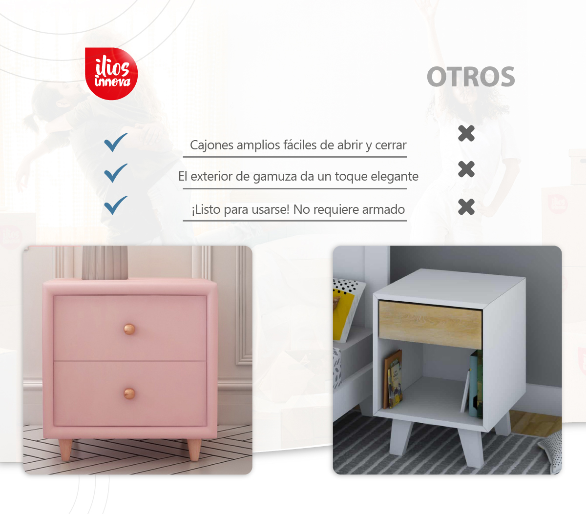 Buró Mesa De Noche Minimalista De Gamuza 2 Cajones Rosa