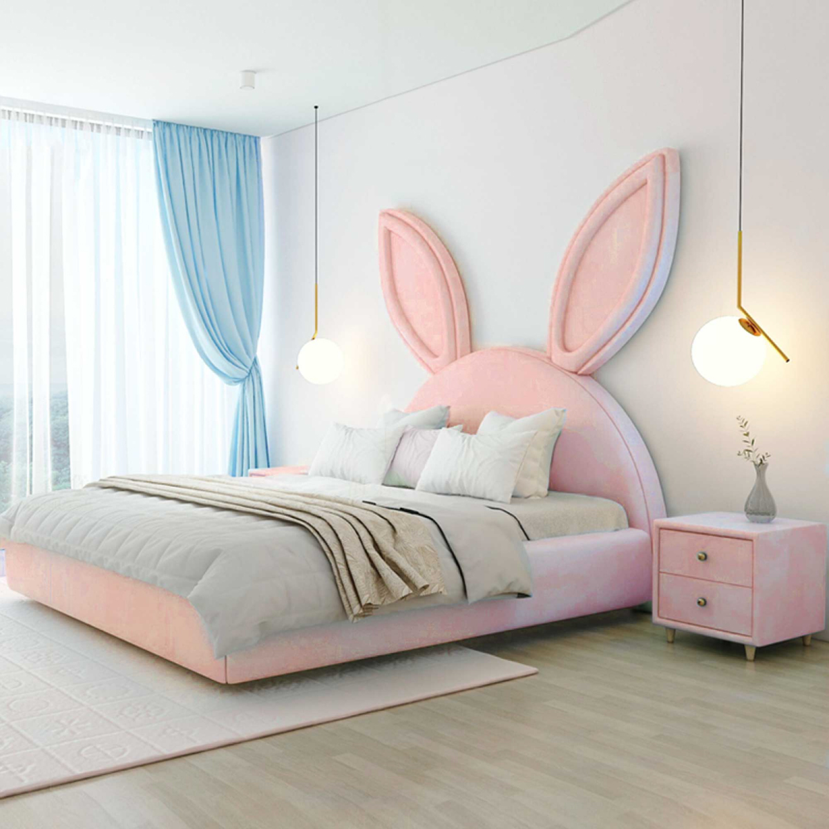 Buró Mesa De Noche Minimalista De Gamuza 2 Cajones Rosa