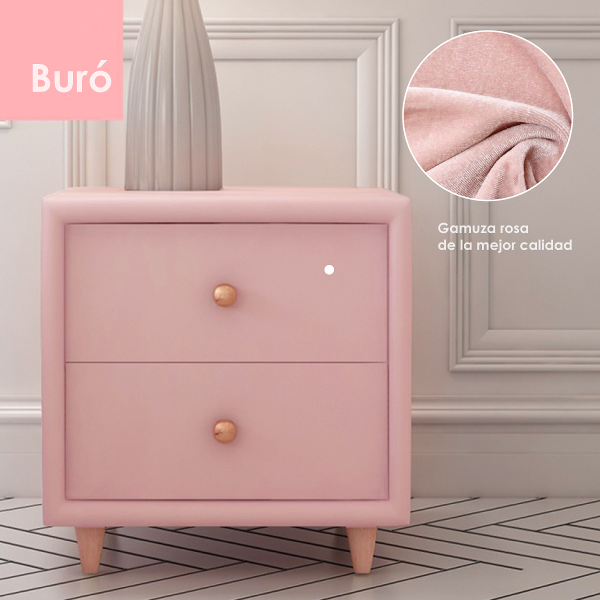 Buró Mesa De Noche Minimalista De Gamuza 2 Cajones Rosa