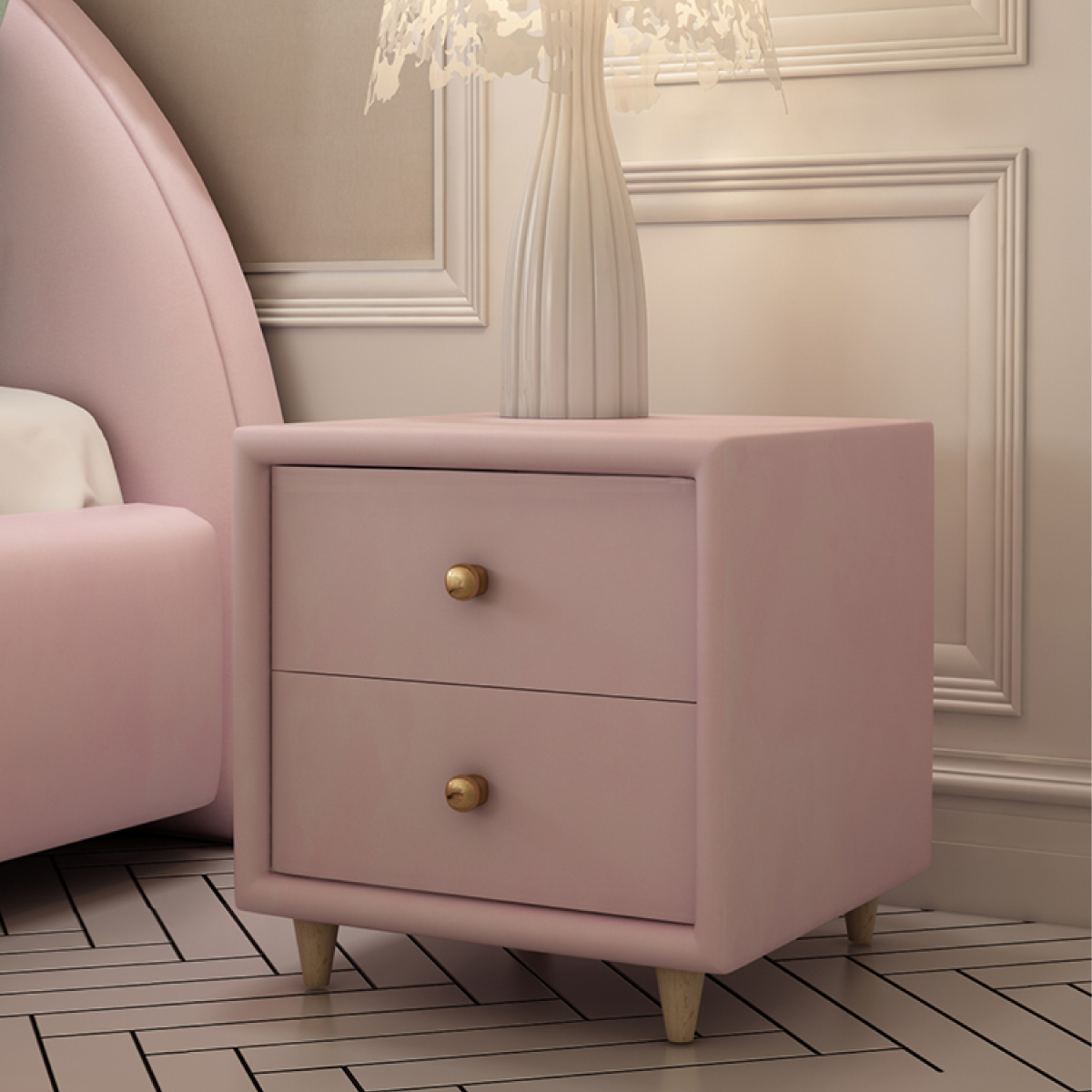 Buró Mesa De Noche Minimalista De Gamuza 2 Cajones Rosa