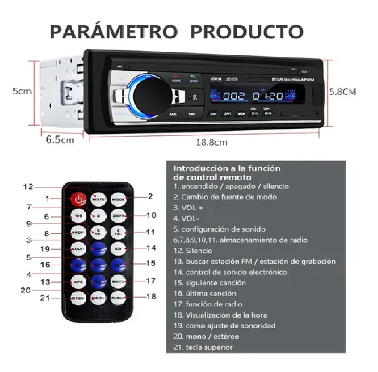  Autoestéreo Para Auto Reproductor Mp3 1 Din Con Bluetooth 